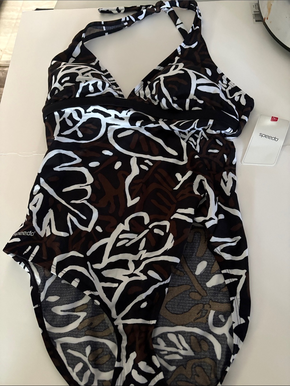 Speedo Black, White & Brown Floral Halter One-Piece Swimsuit